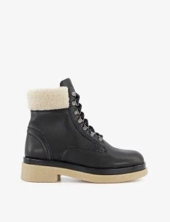 DUNE Pattons Shearling-trimmed Lace-up Leather Hiker Boots For Womens Black-leather