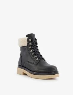 DUNE Pattons Shearling-trimmed Lace-up Leather Hiker Boots For Womens Black-leather -Dune London Sales Store unnamed file 1724