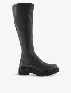 DUNE Tyren Chunky-soled Knee-high Stretch Leather Boots For Womens Black-leather