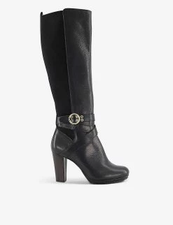 DUNE Sabrena Heeled Knee-high Leather Boots For Womens Black-leather