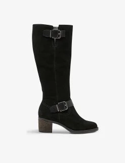 DUNE Twiggie Buckle-detail Suede Knee-high Boots For Womens Black-suede