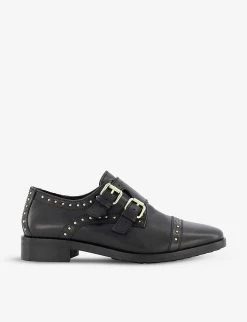 DUNE Flickers Studded Leather Double Monk Strap Shoes For Womens Black-leather